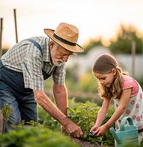 A grandfather in a hat and his granddaughter are gardening together, both tending to plants in a sunny garden.